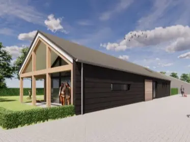 Foto van een moderne schuurwoning met houten accenten, een zwarte houten gevel en dakpannen.