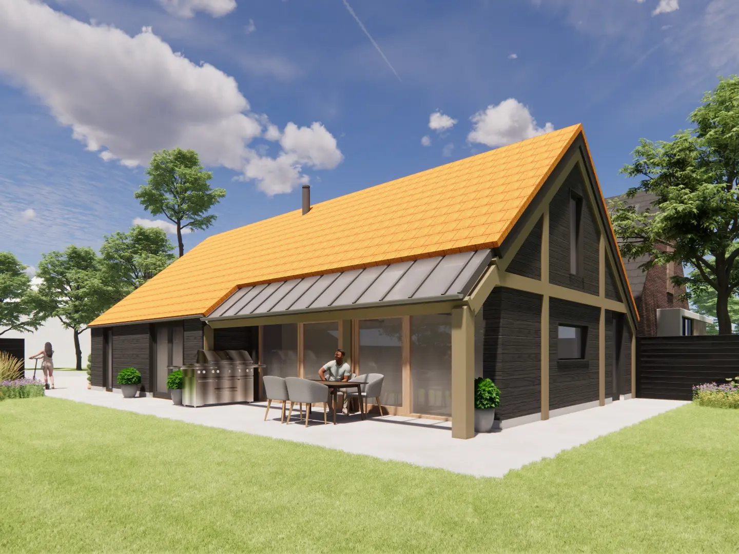 Foto van een moderne schuurwoning met oranje dakpannen, een zwarte houten gevel en veel lichtinval